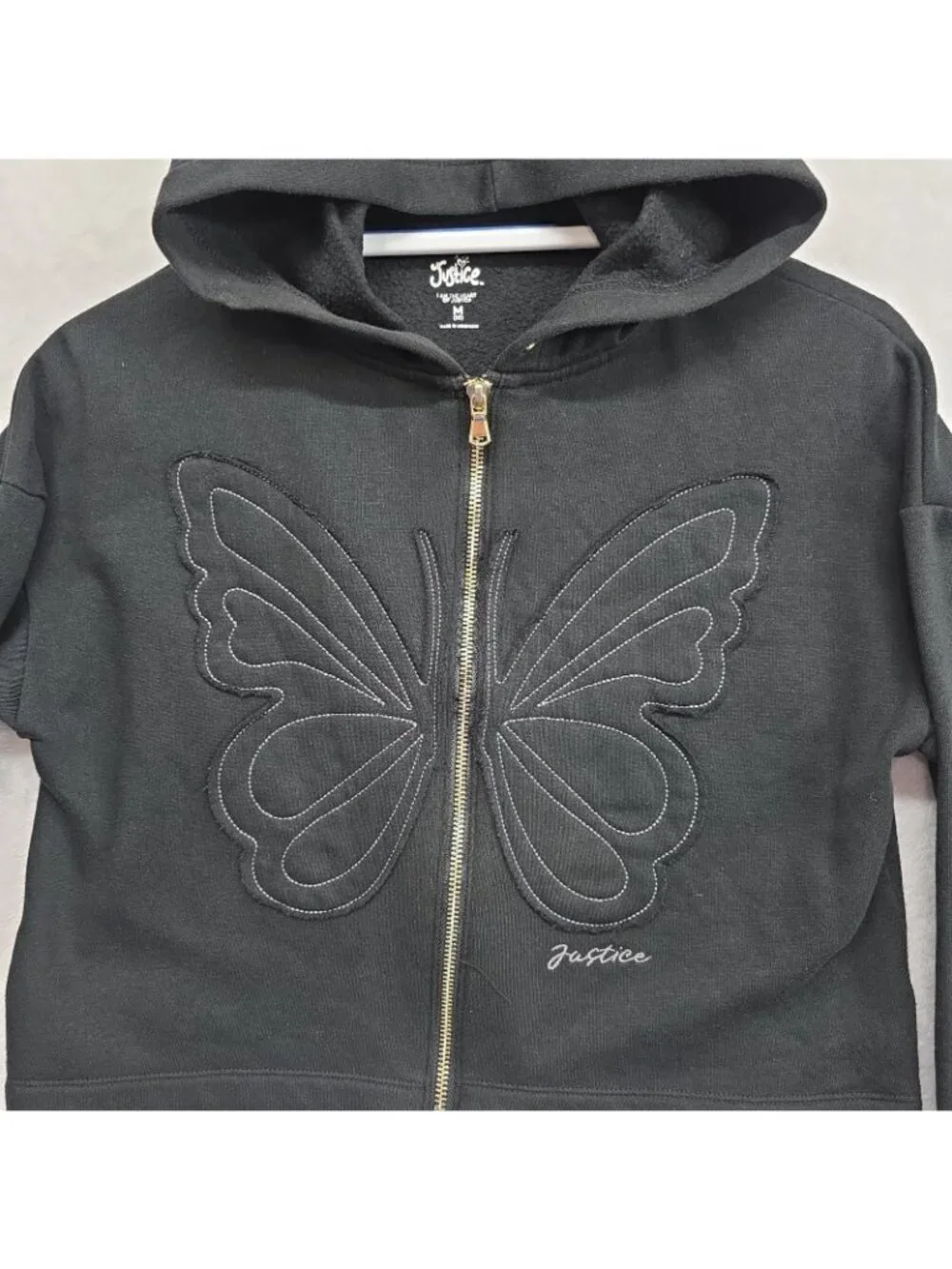 Justice Girls M (10) Butterfly Full Zip Hoodie Black Athleisure Kids Fleece EUC